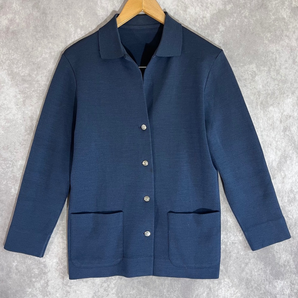 Vintage‎ Knit Chore Jacket Women XS Blue 100% Wool Silver Buttons Cardigan USA